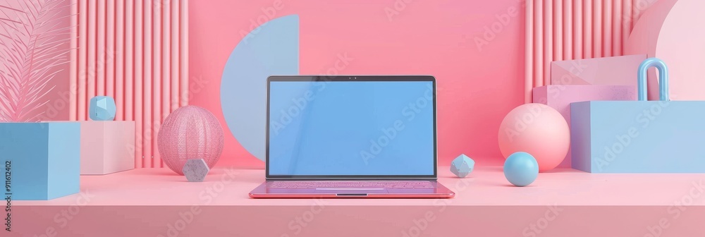 Engaging mock-up with a laptop surrounded by geometric objects in modern minimal style soft pastel Engaging mock-up with a laptop surrounded by geometric objects in modern minimal style soft pastel