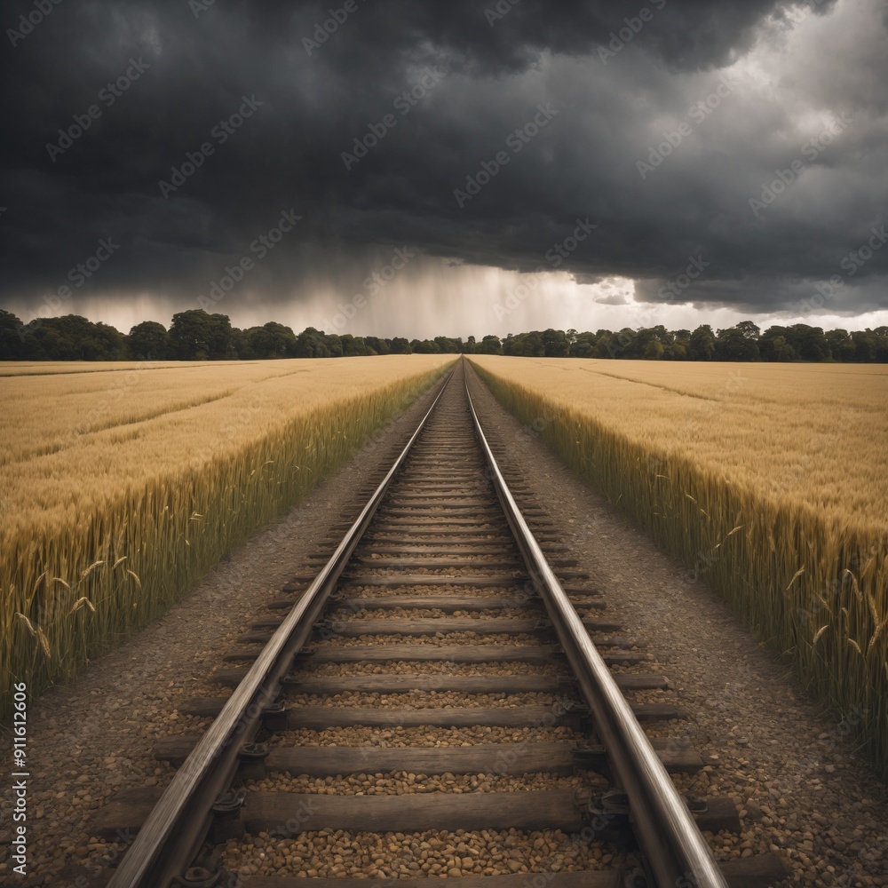 a photorealistic image from a ground eye view of train tracks in the centre of the image at eye level leading forward into a horizon with dark storm clouds. There is bright yellow wheat in mustard a photorealistic image from a ground eye view of train tracks in the centre of the image at eye level leading forward into a horizon with dark storm clouds. There is bright yellow wheat in mustard