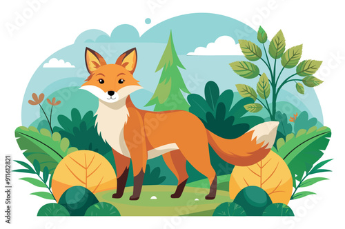 A cute red fox standing in a lush green forest. Vector illustration