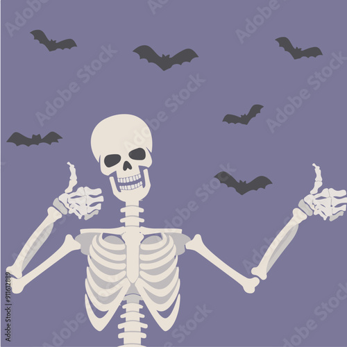 Esqueleto Halloween. Morcegos. Roxo