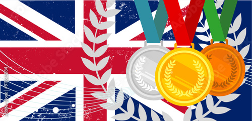 Three medals gold, bronze, silver on background of British flag with grunge effect. Championships, sporotics competition United Kingdom - vector illustration, background, banner.