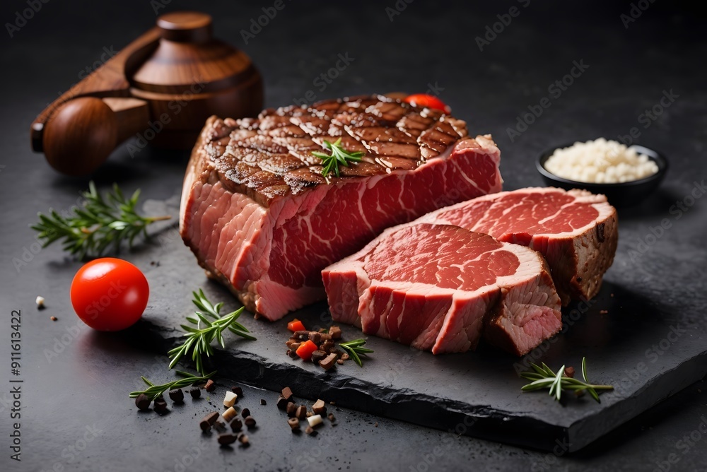 Raw beef heart meat on stone board with thyme and peppers, cattle giblets Raw beef heart meat on stone board with thyme and peppers, cattle giblets