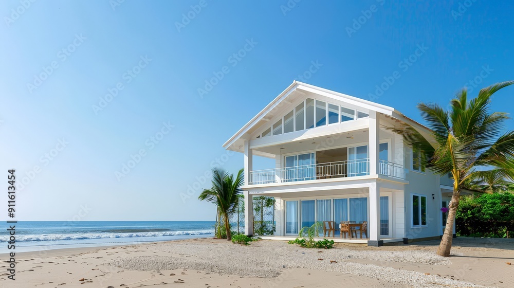 Fototapeta premium A beautiful villa stands by the beach, embracing the morning sun and ocean breeze