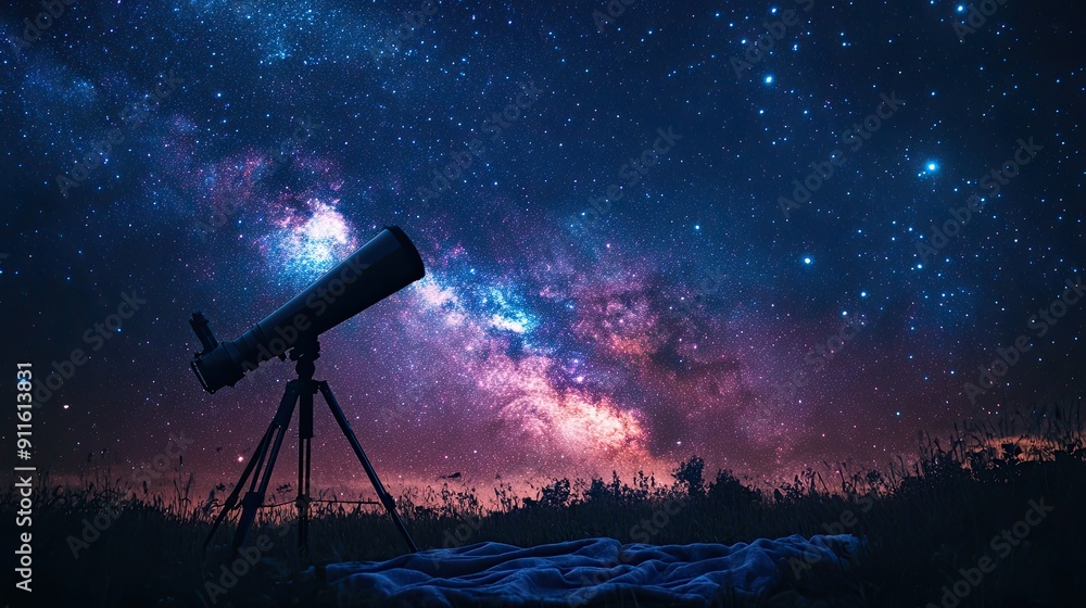 A telescope is set up in a field of grass and stars A telescope is set up in a field of grass and stars
