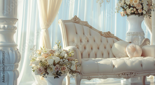 Jewish bride wedding chair, chuppah at wedding day ceremony. Flowers and vases with chaise lounge.
