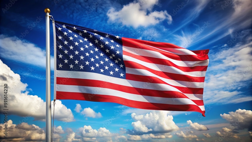 Obraz premium American Flag Waving in the Wind Against a Blue Sky with White Clouds, Flag, America , Patriotic , Symbol , National