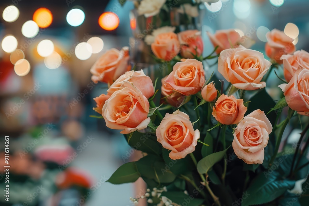 Fototapeta premium Bouquet of pink roses at florist flower shop with vibrant flowers on blurred floral background