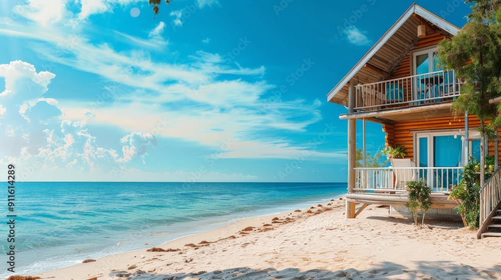 Fototapeta premium A cozy cottage stands by the gentle waves under a bright blue sky