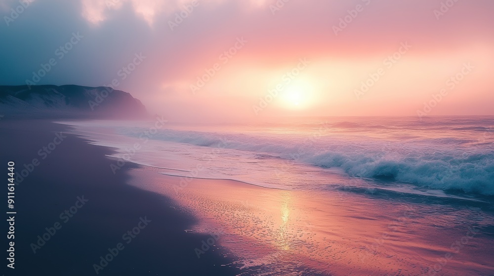 A serene beach scene at sunset, with soft pink and orange hues reflecting on the water's surface, clouds partially obscuring the sun, creating a tranquil and dreamlike atmosphere A serene beach scene at sunset, with soft pink and orange hues reflecting on the water's surface, clouds partially obscuring the sun, creating a tranquil and dreamlike atmosphere