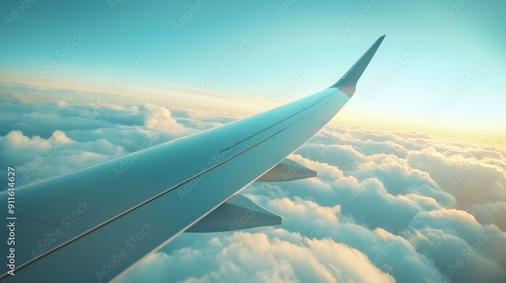 A serene view from an airplane wing, showcasing fluffy clouds beneath a clear blue sky, illuminated by warm sunlight during a peaceful flight A serene view from an airplane wing, showcasing fluffy clouds beneath a clear blue sky, illuminated by warm sunlight during a peaceful flight