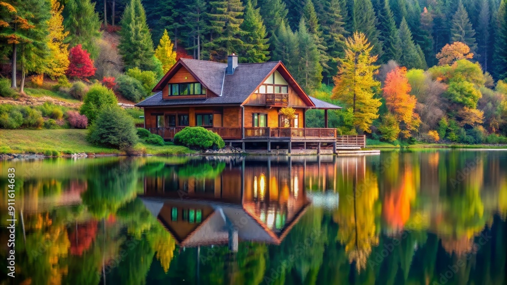 Autumnal Reflection of a Lakeside Cabin, reflection, fall, forest, cabin , lake Autumnal Reflection of a Lakeside Cabin, reflection, fall, forest, cabin , lake