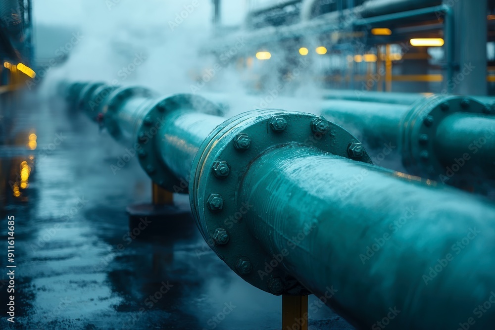 Industrial pipes emitting steam in a damp environment, showcasing a blue color palette and a focus on heavy machinery Industrial pipes emitting steam in a damp environment, showcasing a blue color palette and a focus on heavy machinery
