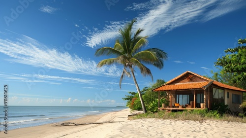 Waves gently lapping at the shore beside a tranquil beach house