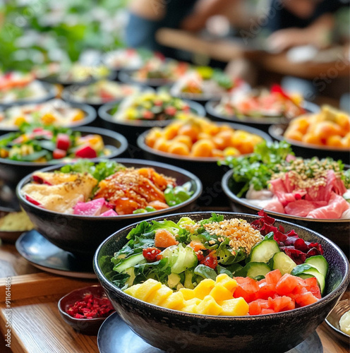 multiple bowls of vibrant, healthy Japanese food with colorful and playful ingredients, Japanese cheff and restaurant in the background