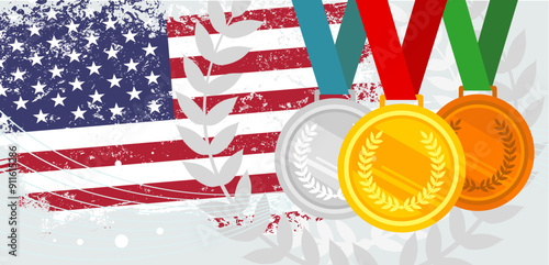 Three medals gold, bronze, silver on background of American flag with grunge efect. Championships, sports competition USA - vector illustration, background, banner.
