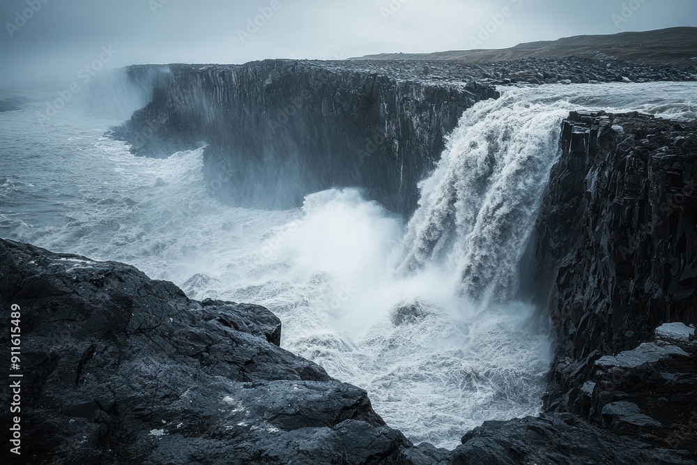 A dramatic waterfall cascades over rugged cliffs into a turbulent sea, shrouded in mist and clouds, showcasing nature's raw power and beauty A dramatic waterfall cascades over rugged cliffs into a turbulent sea, shrouded in mist and clouds, showcasing nature's raw power and beauty