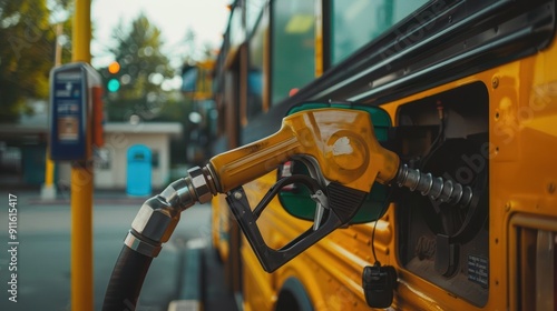Close-up of a yellow school bus being refueled at a gas station, showing the fueling nozzle inserted into the fuel tank on a sunny day.