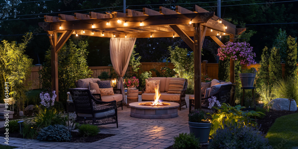 Cozy outdoor living space with a pergola, comfortable seating, a fire pit, and ambient lighting, surrounded by well-maintained plants and flowers. Cozy outdoor living space with a pergola, comfortable seating, a fire pit, and ambient lighting, surrounded by well-maintained plants and flowers.