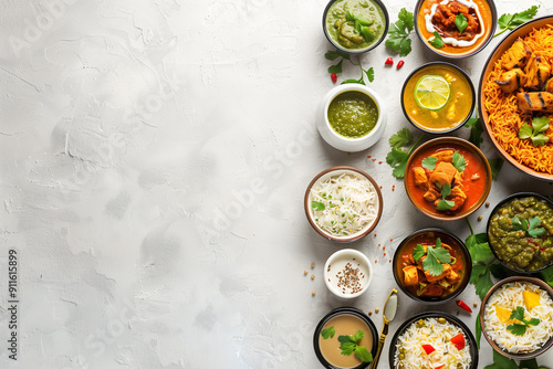 indian ethnic food buffet on white concrete table with copy space, top view