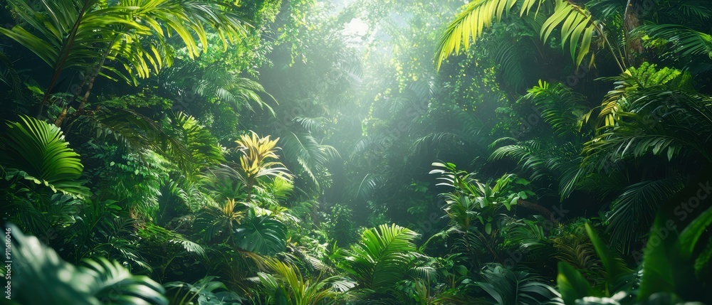 A lush, green jungle scene filled with vibrant foliage and dappled sunlight, creating a serene and tropical atmosphere A lush, green jungle scene filled with vibrant foliage and dappled sunlight, creating a serene and tropical atmosphere