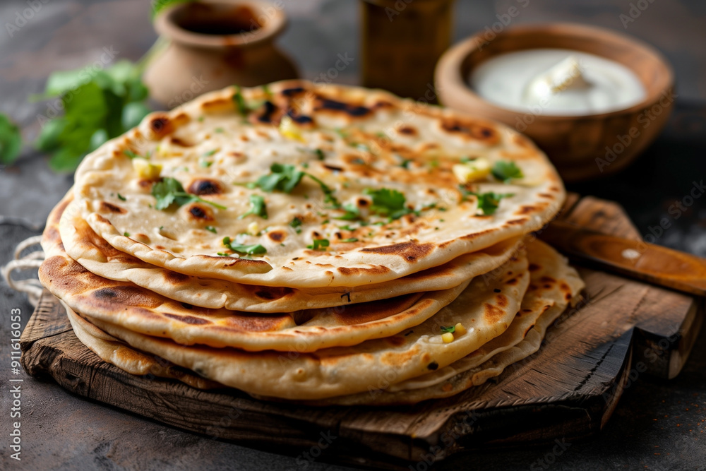 flatbread stuffed with potatoes aloo paratha served herbs, selective focus flatbread stuffed with potatoes aloo paratha served herbs, selective focus