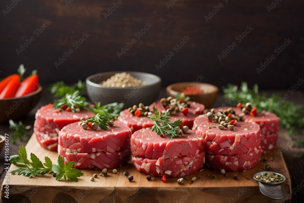Raw beef fillet steaks on wooden board on dark table close up with copy space. Portioned filet mignons with spices and herbs. Concept of summer food, meat eaters.
Raw beef fillet steaks on wooden board on dark table close up with copy space. Portioned filet mignons with spices and herbs. Concept of summer food, meat eaters.