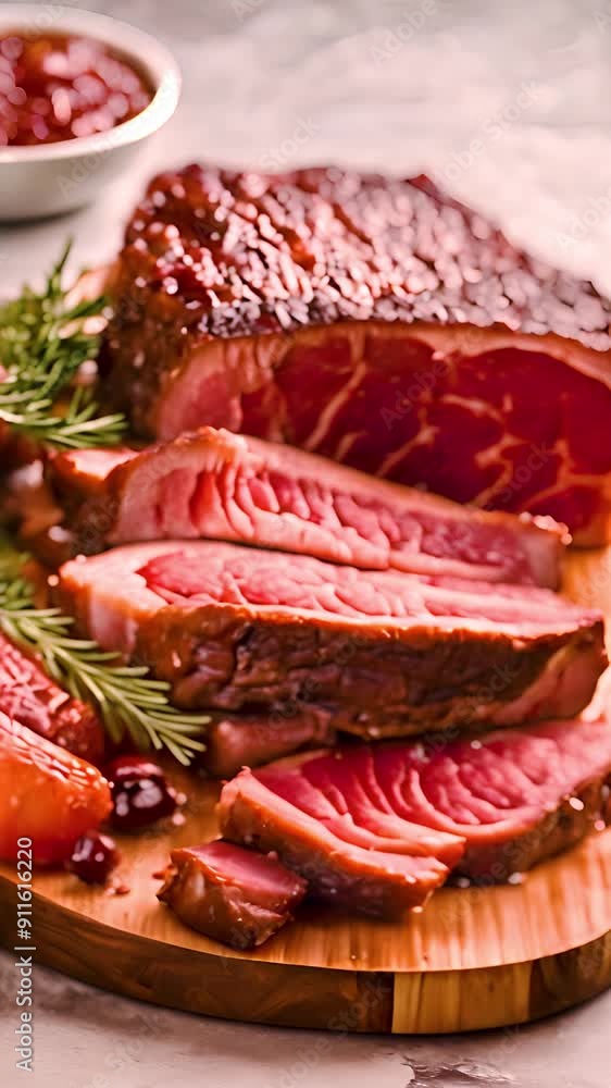 Baked homemade juicy sliced beef tenderloin on table. Vertical. Baked homemade juicy sliced beef tenderloin on table. Vertical.