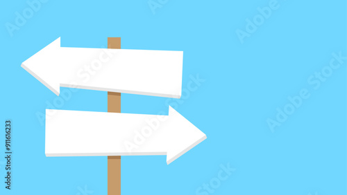 Wooden  signpost with two blank directional arrows pointing left and right on a blue background. Two directions road sign indicating two different and opposite paths.