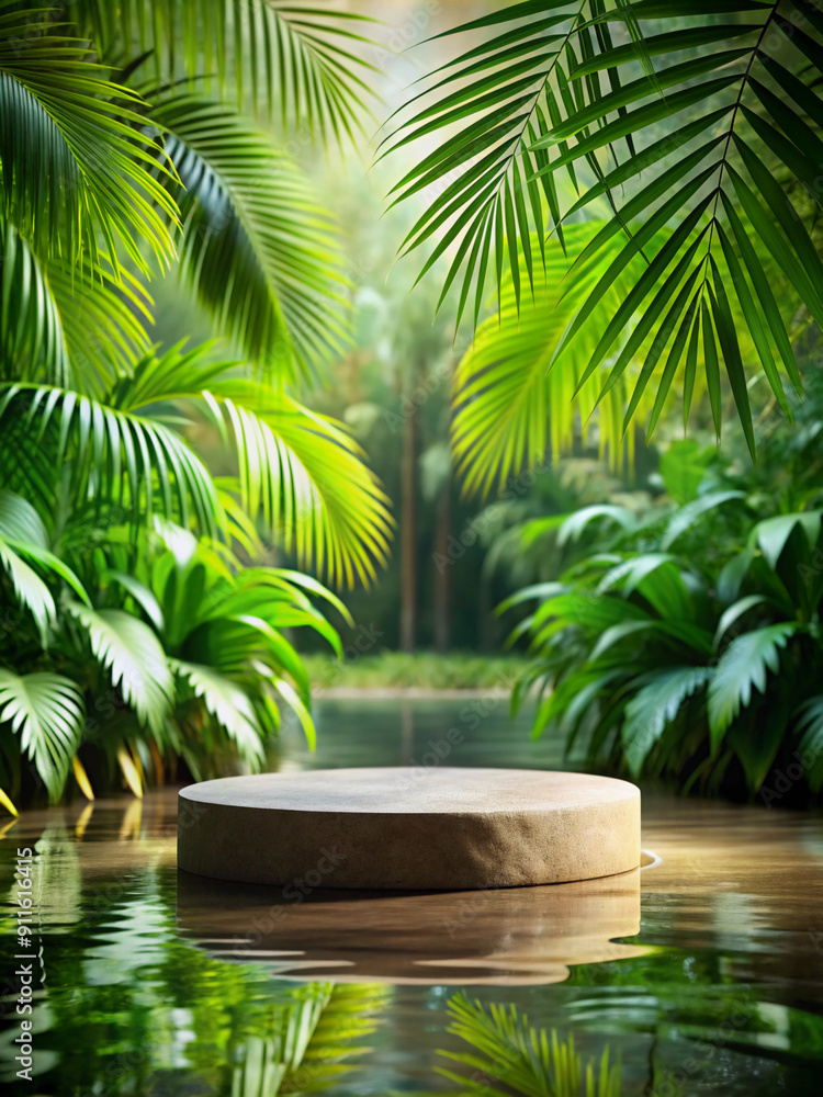 Tropical rainforest background, circular exhibition platform over water Tropical rainforest background, circular exhibition platform over water