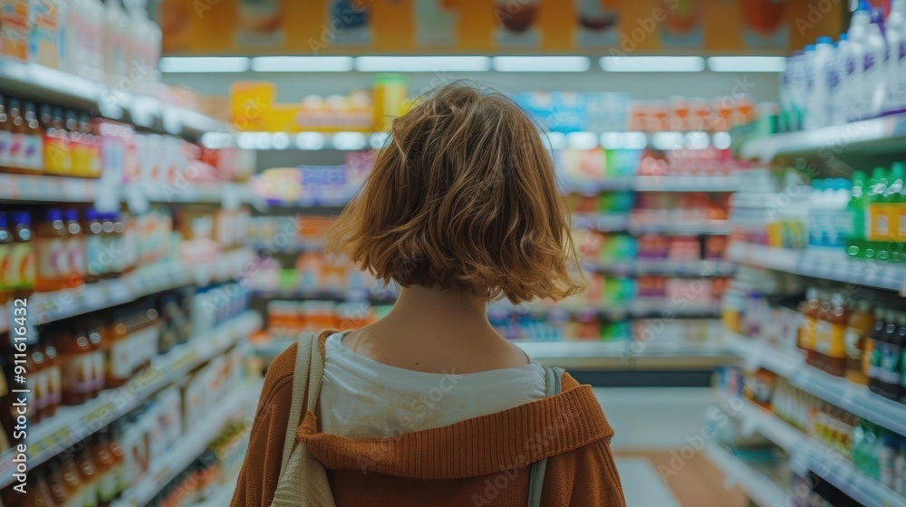 A person with short hair shops in a brightly lit grocery store, surrounded by shelves stocked with various products and colorful packaging. A person with short hair shops in a brightly lit grocery store, surrounded by shelves stocked with various products and colorful packaging.