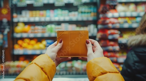 Person holding an empty wallet in a grocery store, contemplating purchases with a background of various food products and beverages.