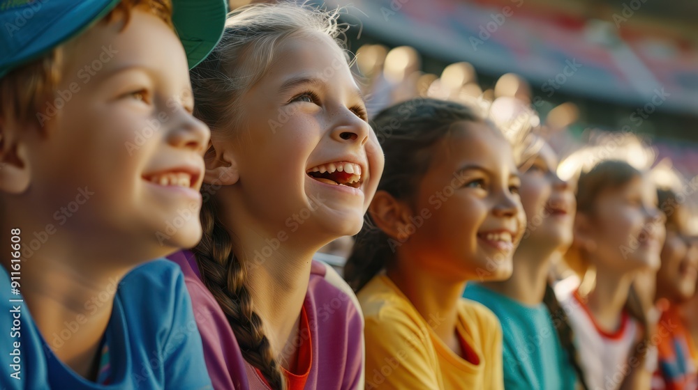 Group of happy children watching together a sports event in the stadium Group of happy children watching together a sports event in the stadium
