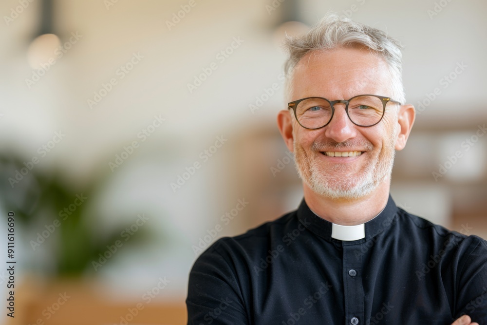 Smiling Clergyman with Gray Hair and Glasses in a Peaceful Environment Smiling Clergyman with Gray Hair and Glasses in a Peaceful Environment