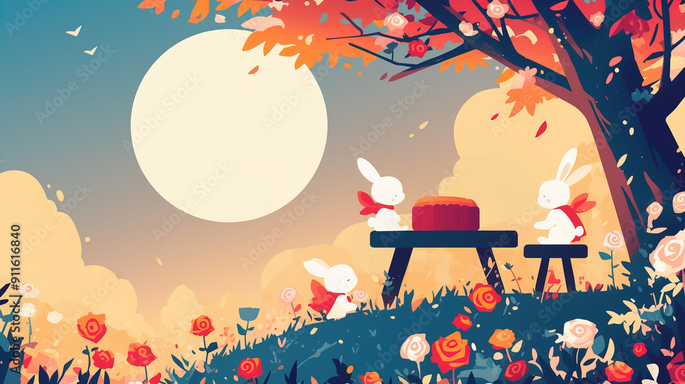 Naklejka premium Little rabbits are eating a moon cake in the garden during the Mid-Autumn Festival. There is a big moon in the sky. Traditional chinese festival.