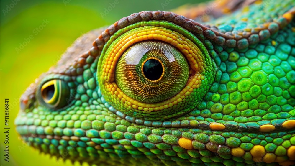 Fototapeta premium Close-up of a Green Lizard's Eye with Detailed Scales, Macro Photography, Reptile, Wildlife, Nature, Lizard, Eye
