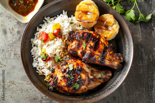 jerk chicken with rice, top view