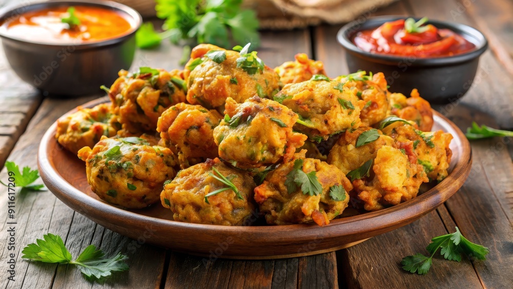 Close-up of Crispy Fried Onion Pakoras in Wooden Bowl, Indian Snack , Food Photography, Onion Fritters, Pakora, Snack, Indian Food Close-up of Crispy Fried Onion Pakoras in Wooden Bowl, Indian Snack , Food Photography, Onion Fritters, Pakora, Snack, Indian Food