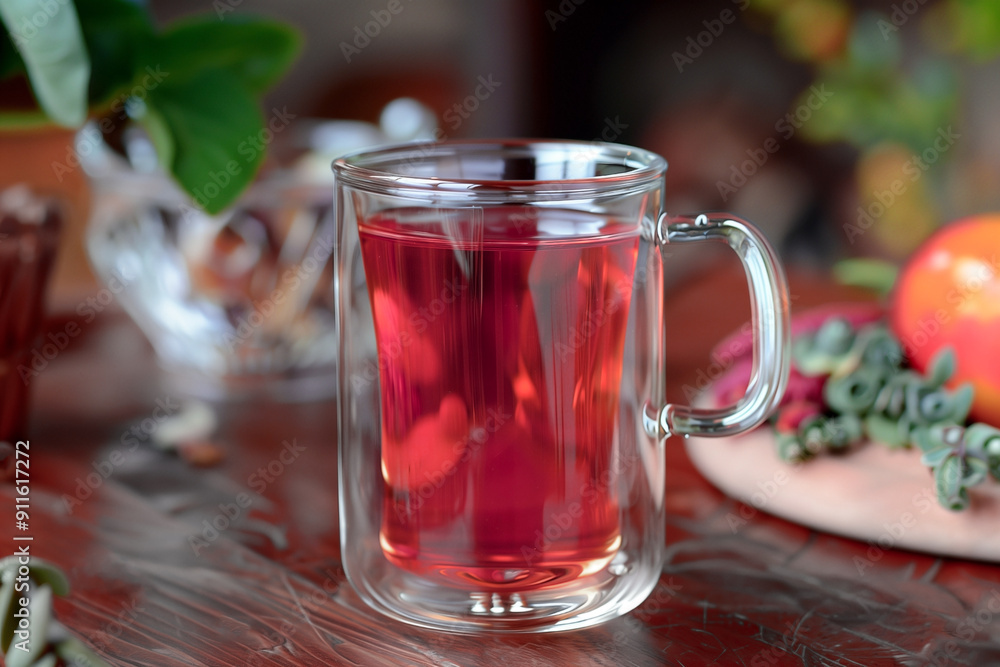 karkade tea in clear glass mug, selective focus karkade tea in clear glass mug, selective focus