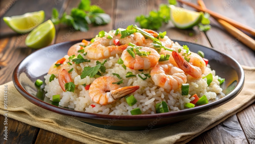 Close-up of Shrimp Fried Rice in a Brown Bowl, Food Photography, Asian Cuisine, Delicious Dish, Rice, Shrimp, Asian Close-up of Shrimp Fried Rice in a Brown Bowl, Food Photography, Asian Cuisine, Delicious Dish, Rice, Shrimp, Asian