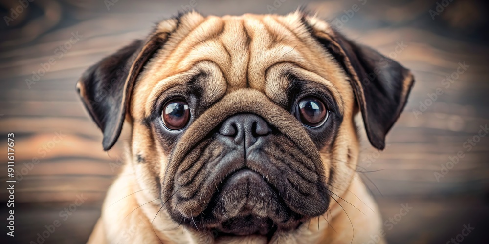 Close-up Portrait of a Pug with Large Eyes, Captured in Front of a Wooden Background, Pug, Pet Photography, Dog Portrait, Canine Portrait Close-up Portrait of a Pug with Large Eyes, Captured in Front of a Wooden Background, Pug, Pet Photography, Dog Portrait, Canine Portrait