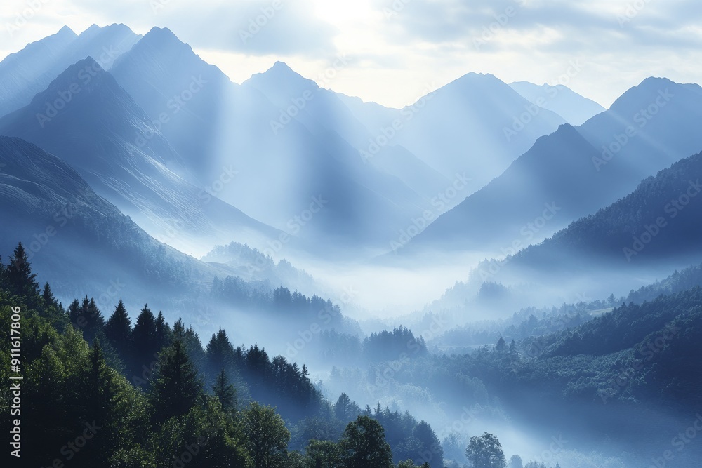 Emerging from the fog, an enchanting view of a mountain range bathed in early morning light. Emerging from the fog, an enchanting view of a mountain range bathed in early morning light.