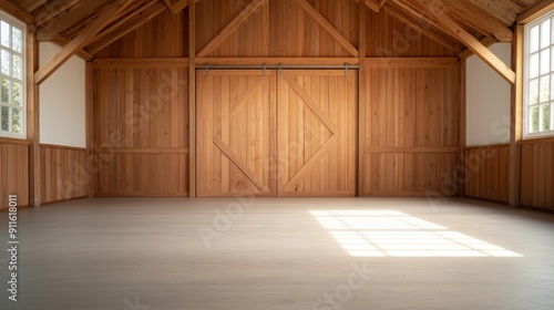 Spacious Empty Wooden Barn Interior with Sunlight Streaming Through Windows, Featuring Rustic Wooden Walls, High Ceilings, and Sliding Barn Doors