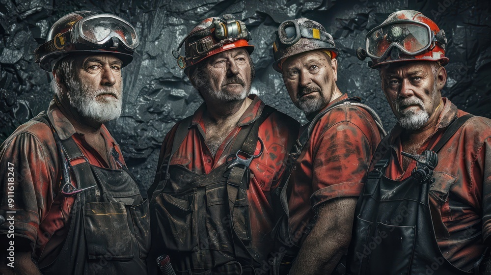 Portraits of miners in their work environment, showcasing their tools, safety gear, and the intensity and dedication involved in their daily tasks. Portraits of miners in their work environment, showcasing their tools, safety gear, and the intensity and dedication involved in their daily tasks.