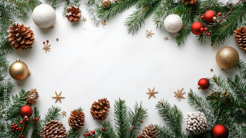 Christmas border composition with fir branches, red and gold ornaments on white background Christmas border composition with fir branches, red and gold ornaments on white background