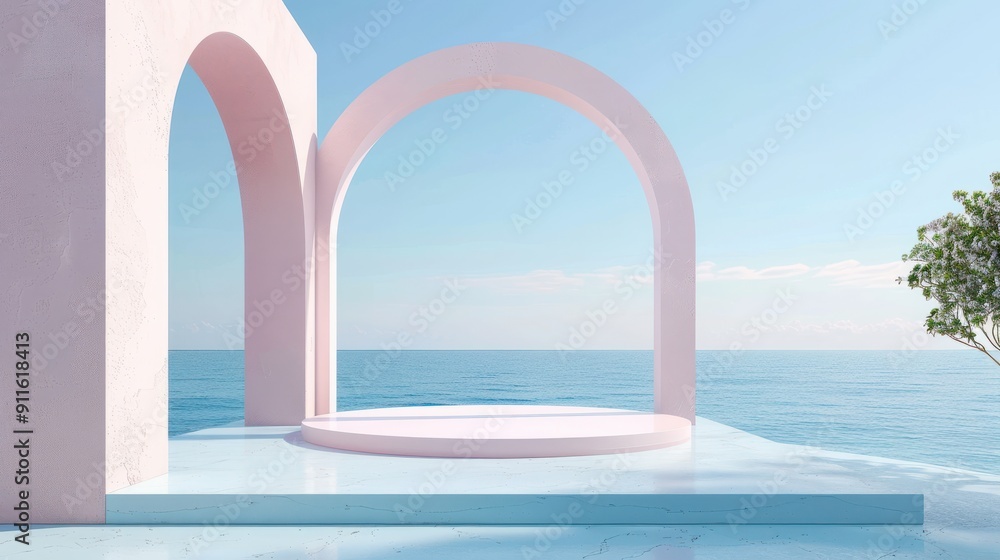 Naklejka premium Scene with geometrical forms, arch with a podium in natural daylight. Sea view. Summer scene. 3D render background.