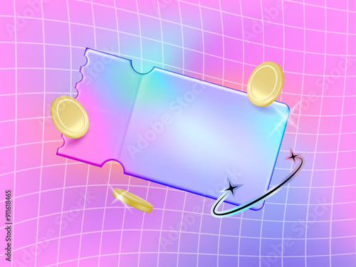 Neon gradient gift voucher coupon design with gold coin on y2k wavy mesh background. illustration vector premium.