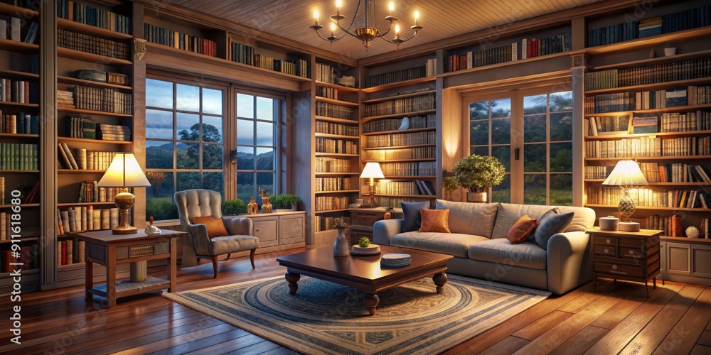 Cozy Library with Warm Lighting and a View, 3D Rendering, Interior Design, Bookcase, Reading Room, Relaxation Cozy Library with Warm Lighting and a View, 3D Rendering, Interior Design, Bookcase, Reading Room, Relaxation