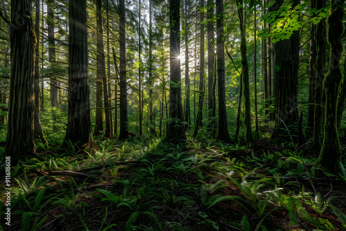 Silent Majesty: Morning Light in an Enchanted Forest with Towering Trees and Lush Green Canopies photo