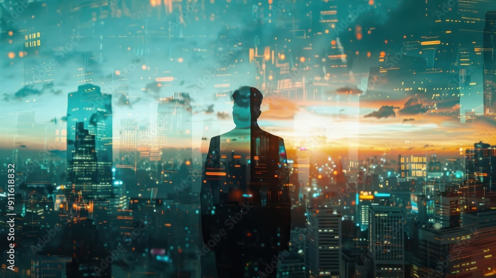 The double exposure image of the business man standing back during overlay with cityscape. Generative AI. The double exposure image of the business man standing back during overlay with cityscape. Generative AI.