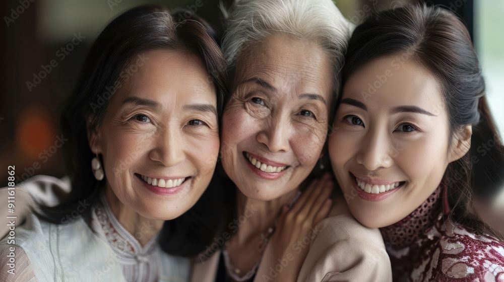 Three generations of Asian women smiling in a family portrait, embracing the power of family bonds and togetherness Three generations of Asian women smiling in a family portrait, embracing the power of family bonds and togetherness